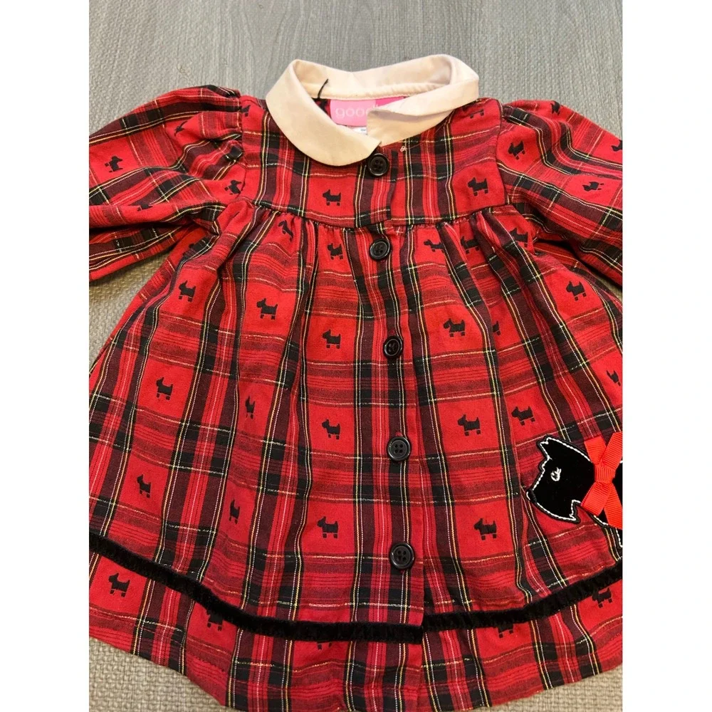 Good Lad‎ Red Plaid Scottie Dog Dress Baby Girls 9 Months Puff Sleeve Collared